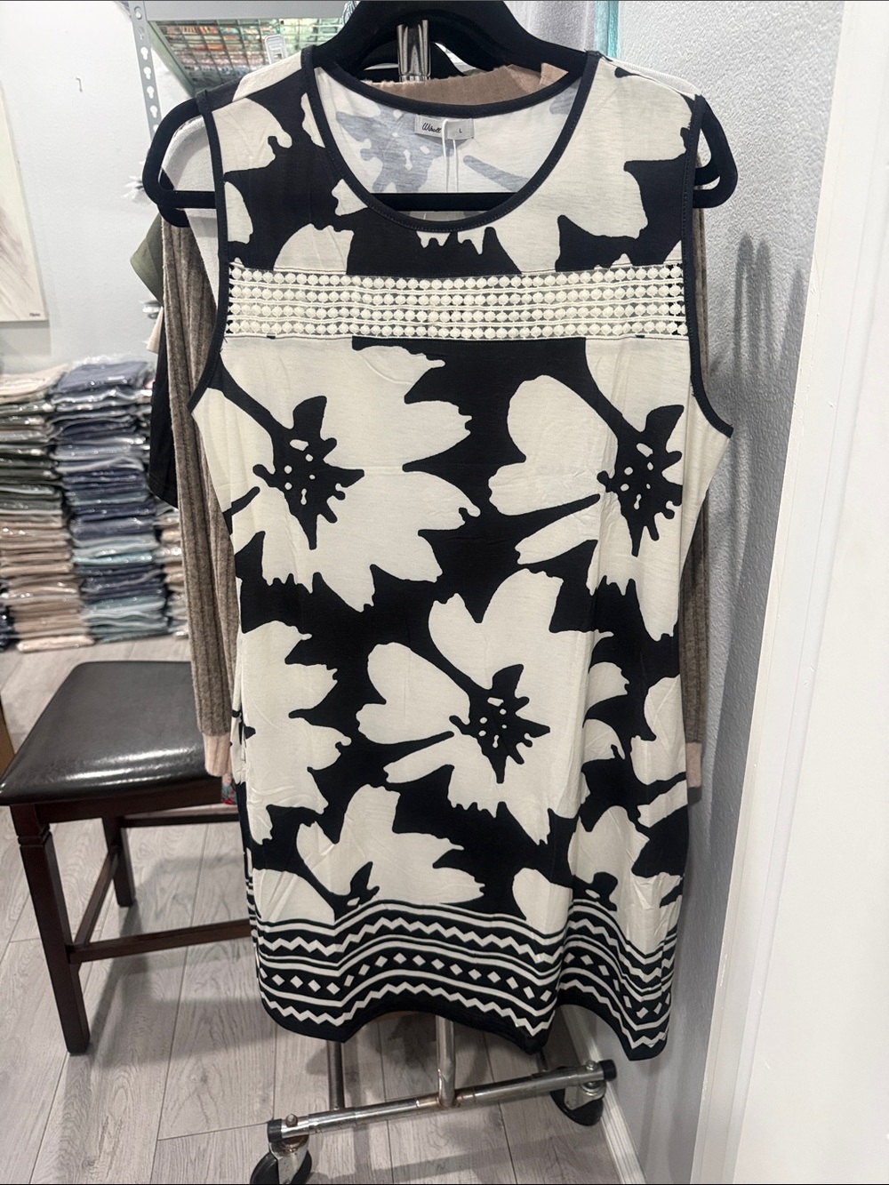 Black and White Floral Midi Dress with Embellished Trim
